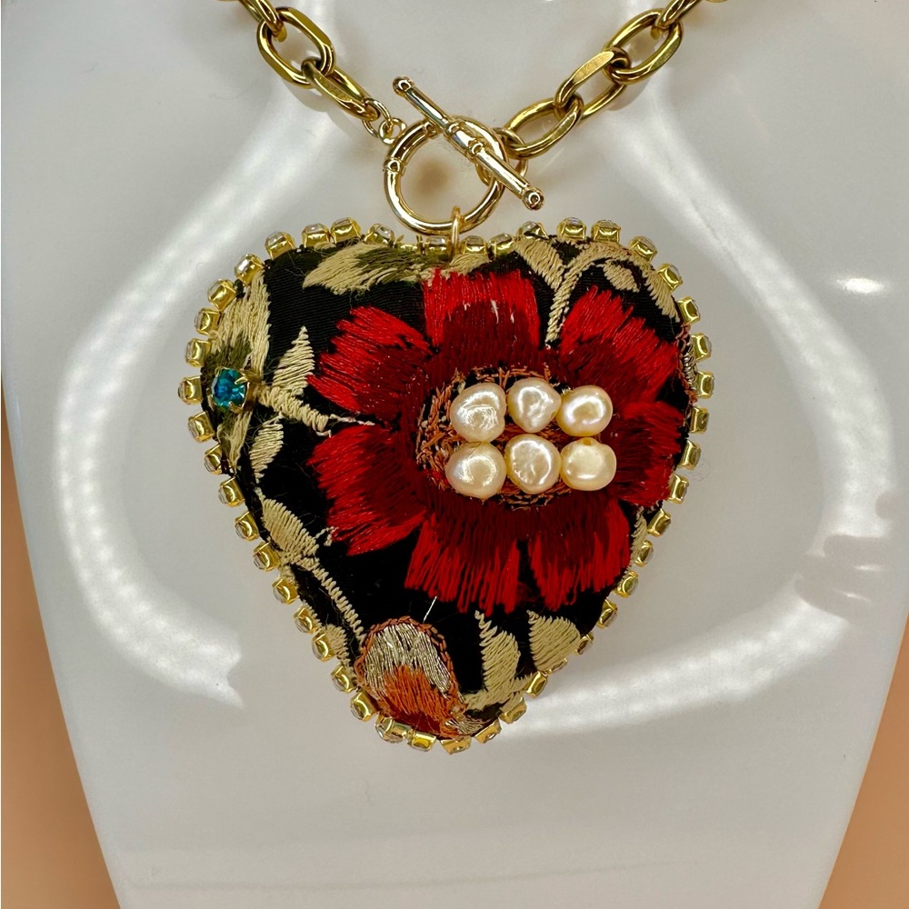 Embroidered Silk Heart Pendant Necklace